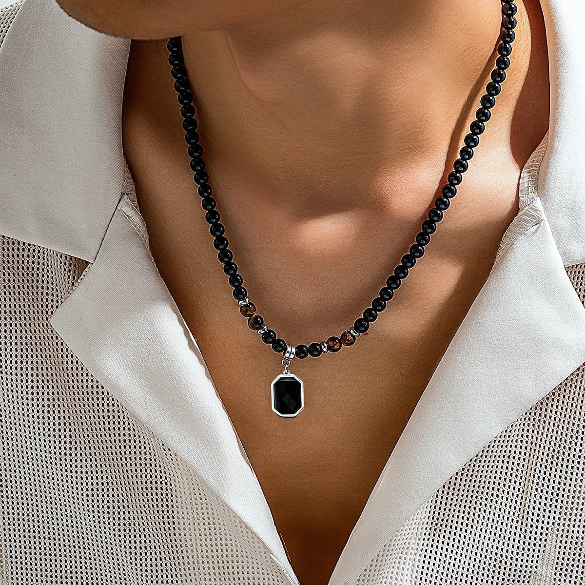 Black Beads with Square Pendant Necklace - Berserk Jewels Jewelery Jewellery