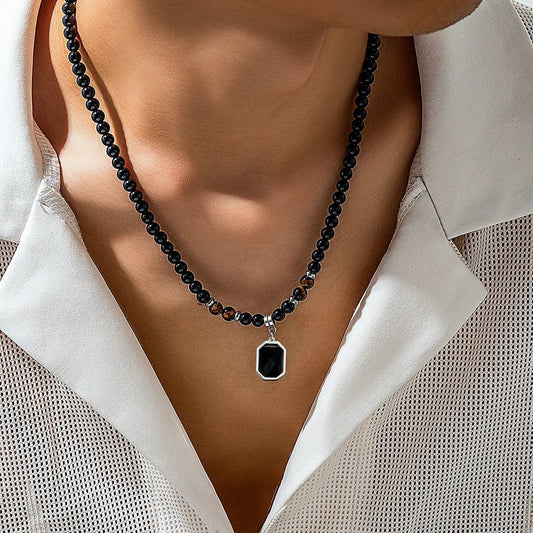 Black Beads with Square Pendant Necklace - Berserk Jewels Jewelery Jewellery