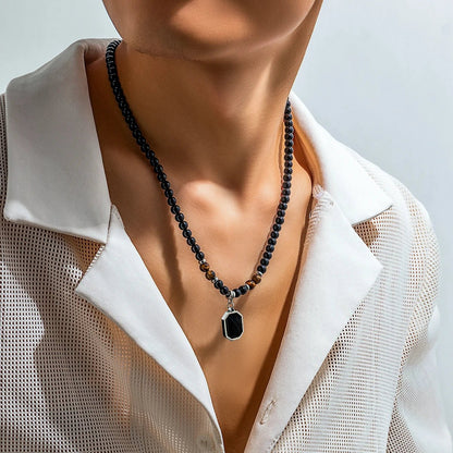 Black Beads with Square Pendant Necklace - Berserk Jewels Jewelery Jewellery