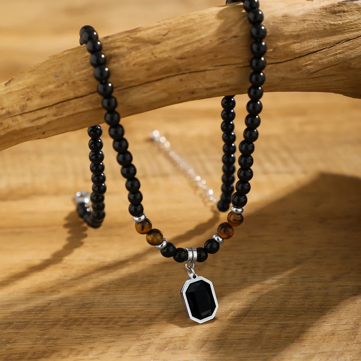 Black Beads with Square Pendant Necklace - Berserk Jewels Jewelery Jewellery