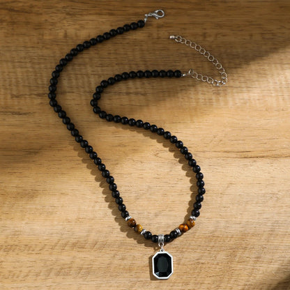 Black Beads with Square Pendant Necklace - Berserk Jewels Jewelery Jewellery